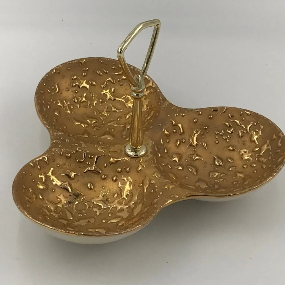 Vintage Mid-Century Weeping Bright Gold 3 Section Candy Nut Dish Tray 22k Gold